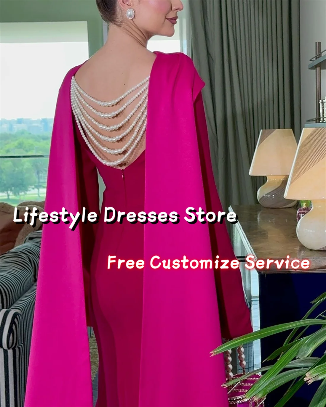 Customized Boat Neck Long Sleeves Prom Dresses Backless Pearls Luxury Evening Dresses Long Cape Elegant Party Gown فساتين سهرة