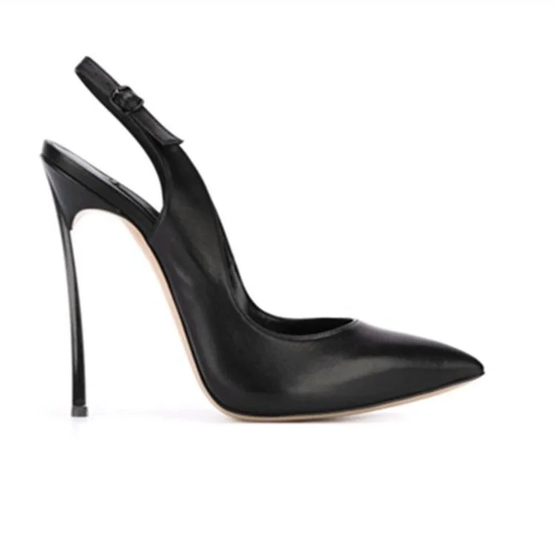 Spring and autumn new pointed shallow leather sexy shoes metal thin high-heeled banquet dress customized large-size women sandal
