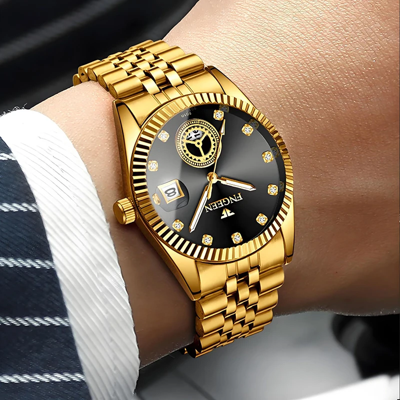 UTHAI Men Non Mechanical Watch Fashionable Business Waterproof Calendar Luminous Stainless Steel Wristband Elderly Quartz Watch