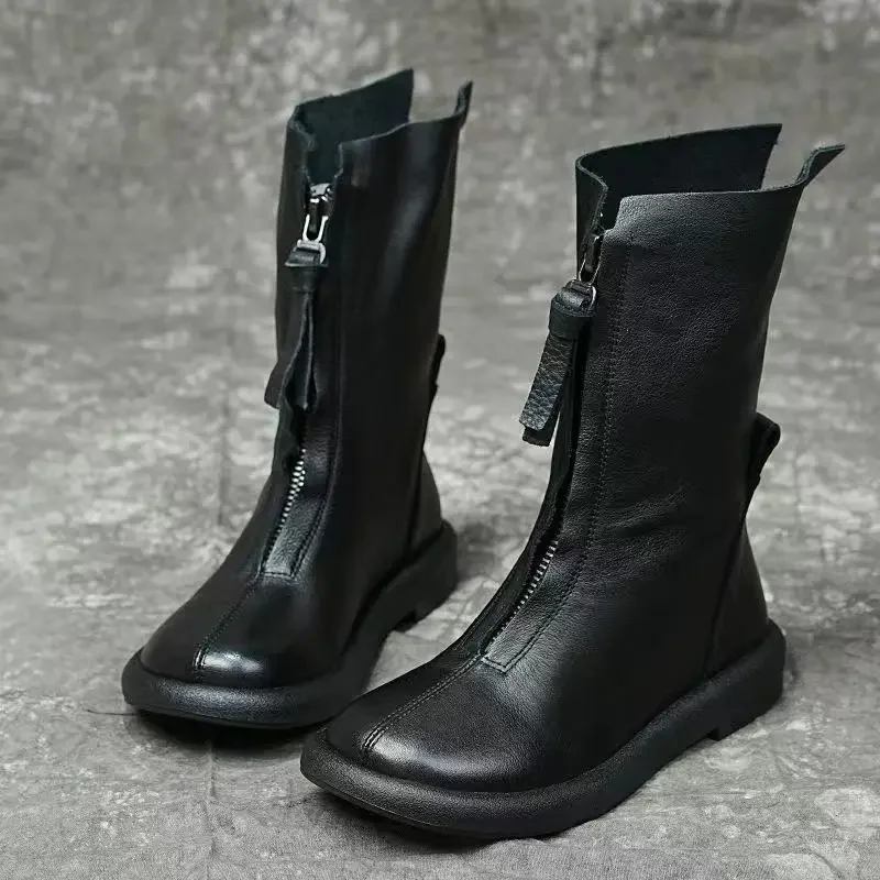 Careaymade-New retro pu leather ingle boots long boots female ankle boots soft bottom leather boots flat autumn and winter boots