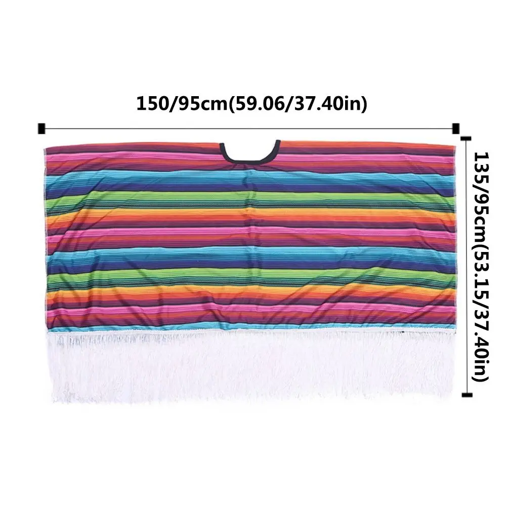 Ethnic Cloak Mexican Costume Rainbow Stripe Cosplay Mexican Style Cloak Cape Dress-up Folk Cape Mexican Poncho Kids Adult