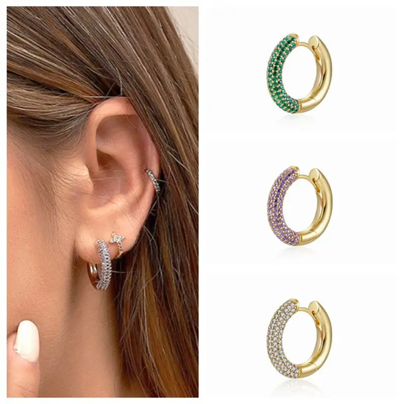 1PC 925 Sterling Silver Needle Colorful Rectangle/Round Hoop Earrings for Women Pave Crystal Heart Pendant Gold Earrings Jewelry