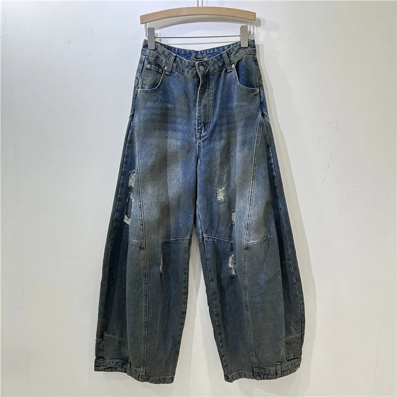 

Wide Leg Jeans Women Hole Pants High Waist 2025 Streetwear Vintage Loose Trousers Pockets Washed Ripped Distressed Denims
