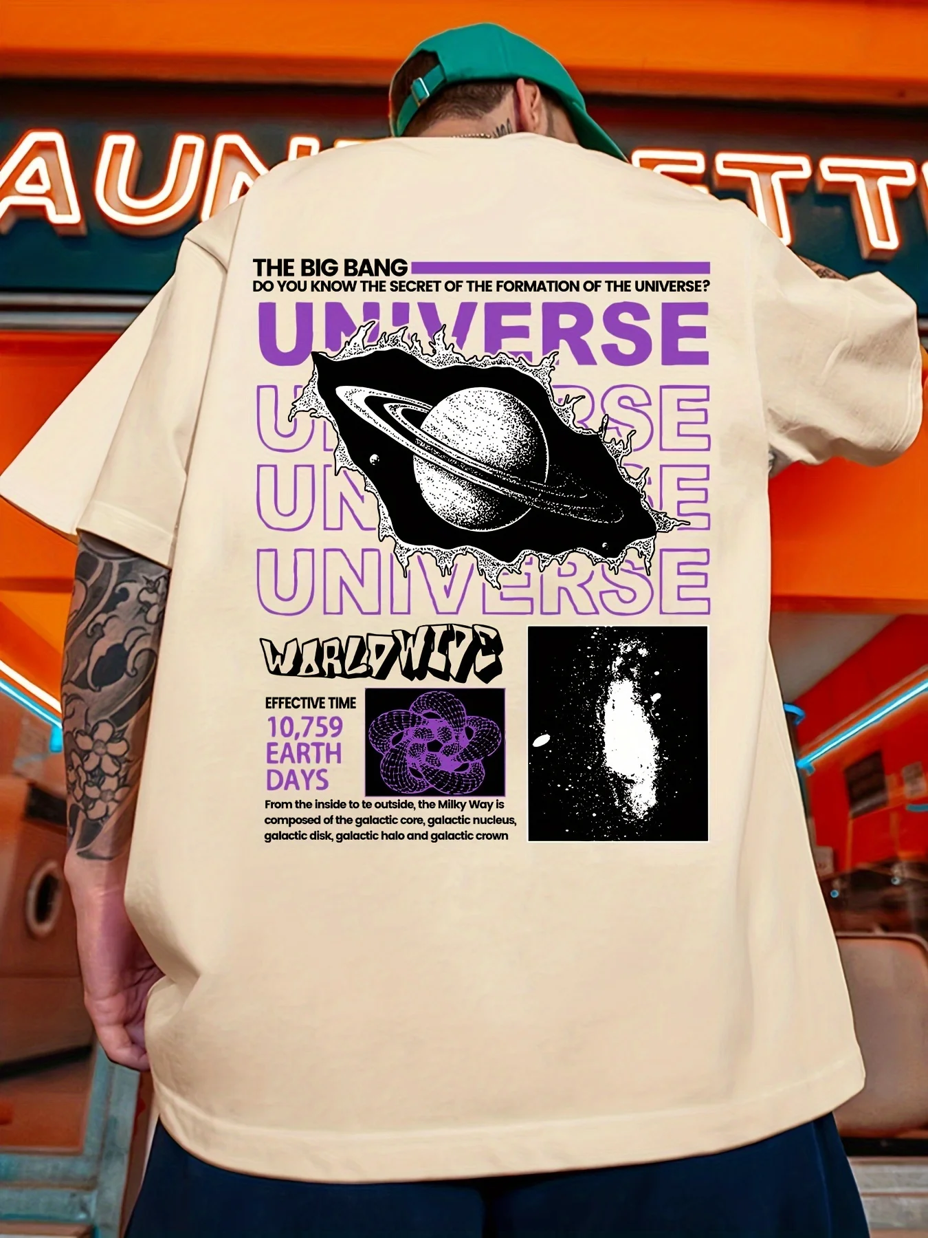 Cosmic Planet Graphic Back Print Tee for Men Breathable 100% Cotton for Summer Urban Streetwear and Casual Outdoor Style