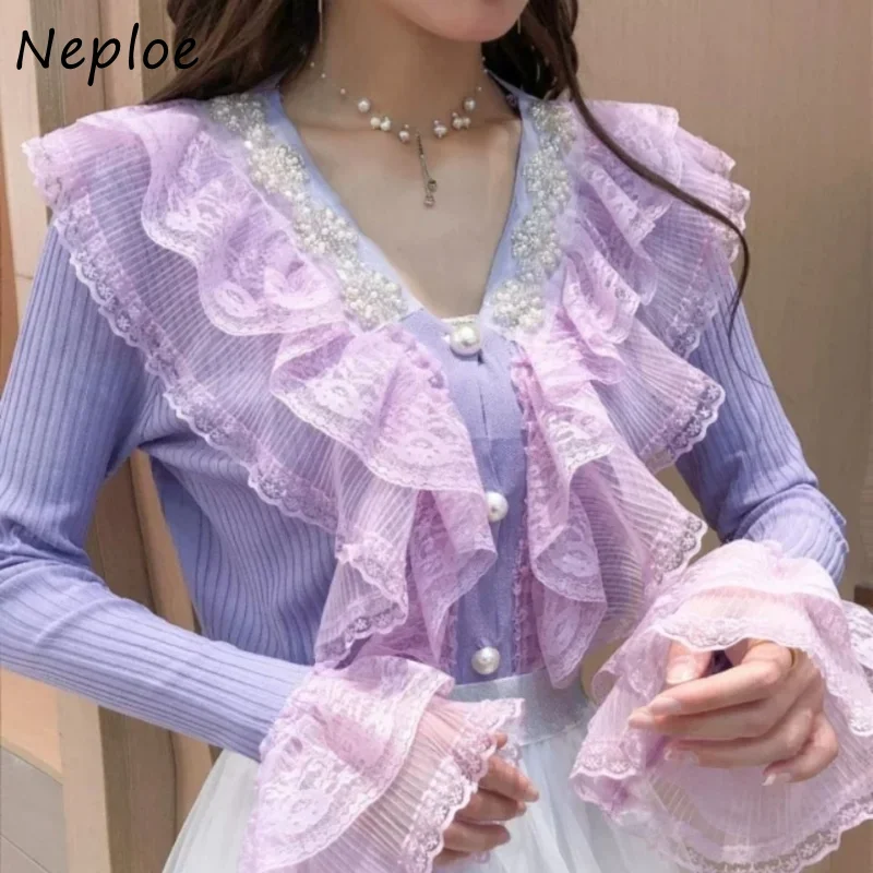 Neploe V Neck Beading Diamonds Lace Patchwork Outerwear Autumn Winter Long Sleeve Single-breasted Sweater Vintage Cardigan Women