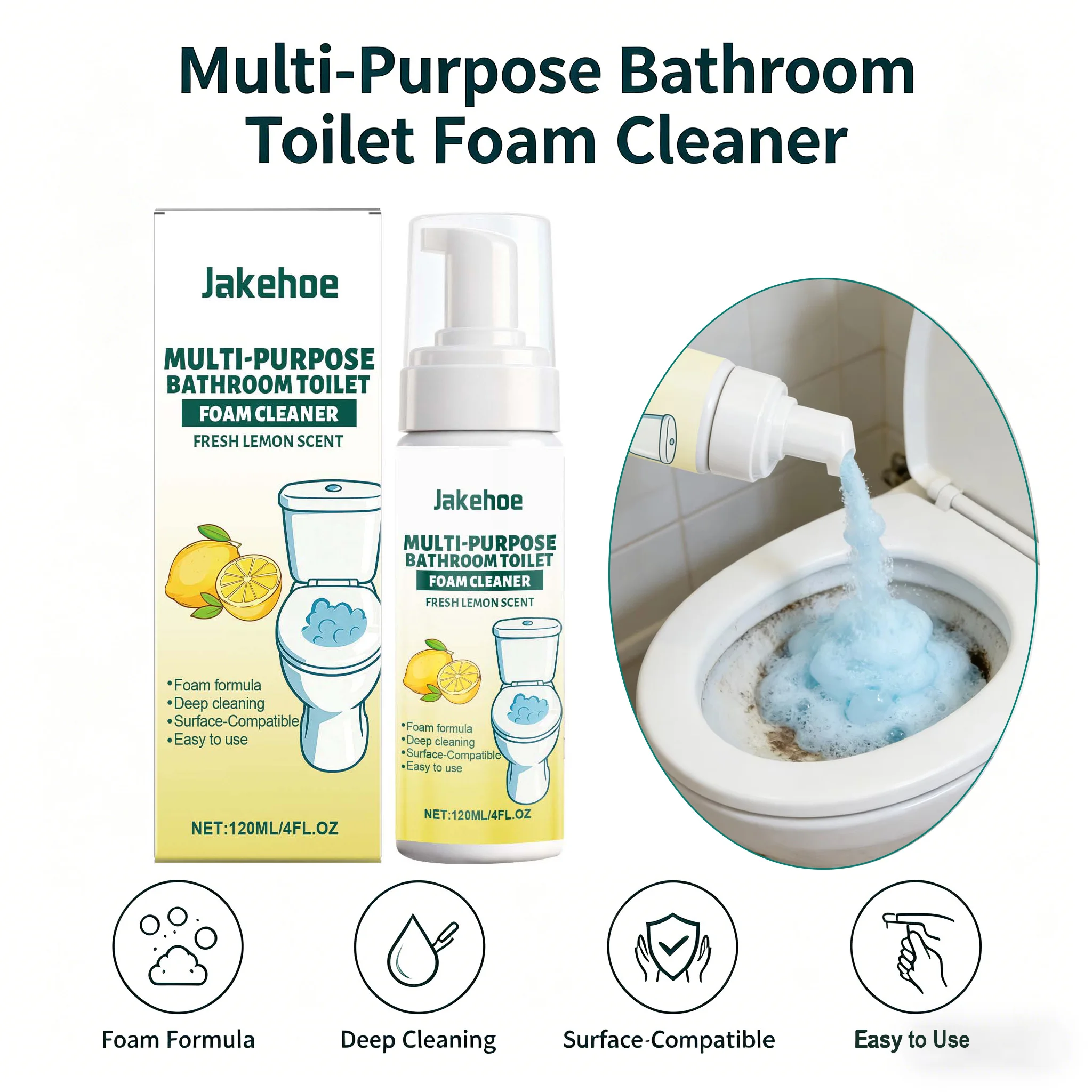 Multi-Purpose Bathroom Toilet Foam Cleaner Deodorizer Removes Tough Stains & Water Scale Deep Cleaning Lemon Fragrance Spray