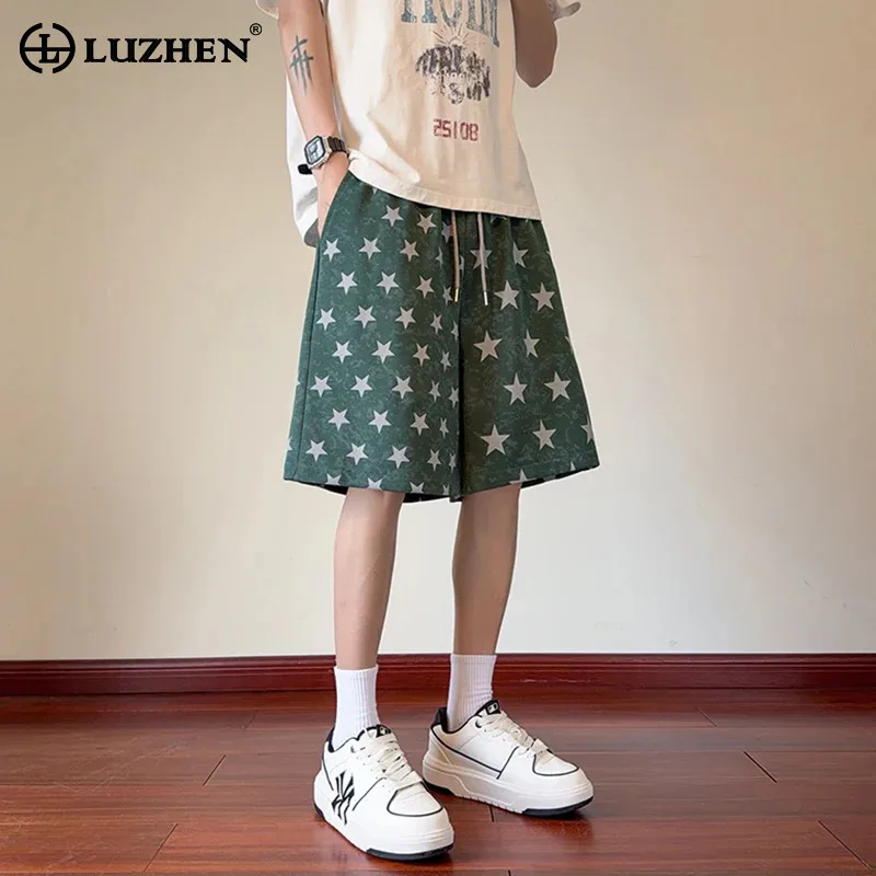 LUZHEN Five-pointed 2026 Printed Summer Korean Straight Style Pentagram Pants Men's Fashion Elastic Waist Casual Shorts JY8475
