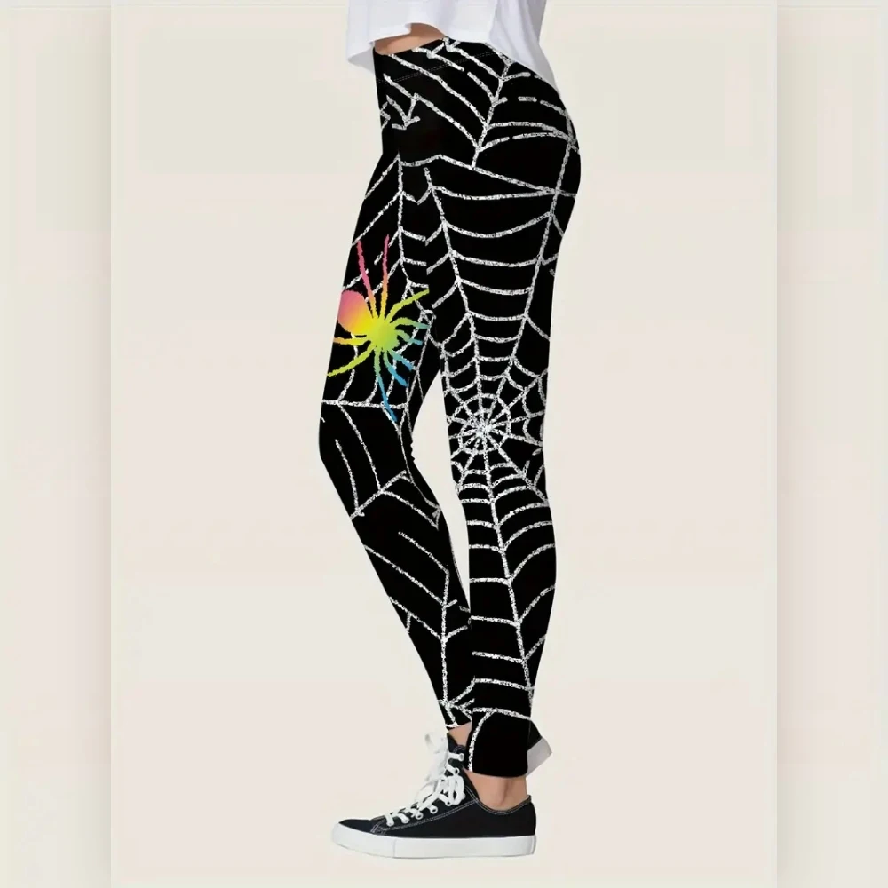 Halloween spiderweb print stretch elastic waist tight casual leggings for women