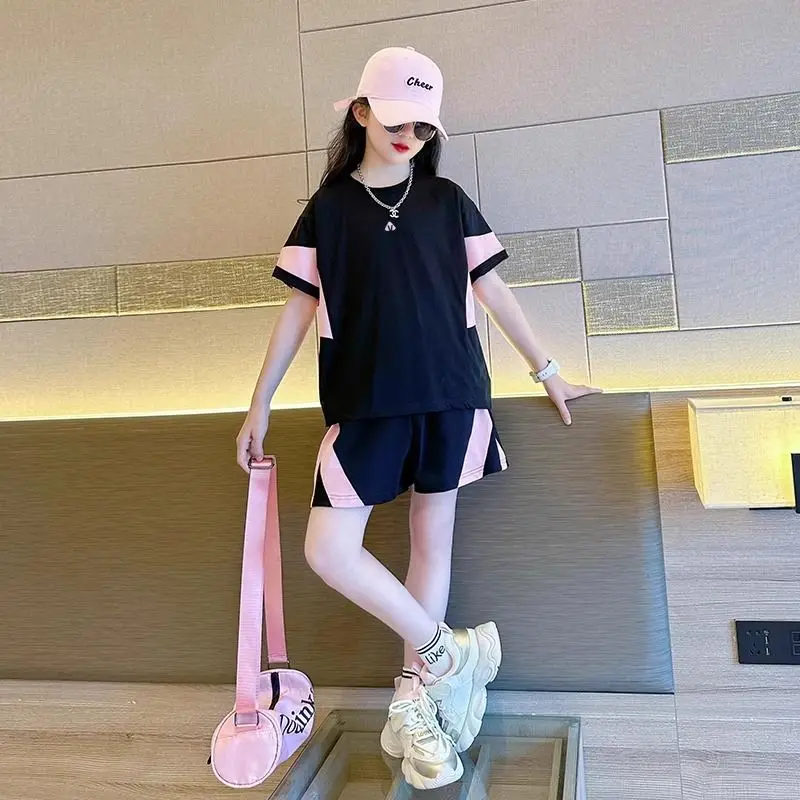 6575 Girls Fashion Breathable Mesh Contrast Color Patchwork Tees+Pants 2pcs Sportsuits 7-14 Years Teenage Kids Clothes Sets
