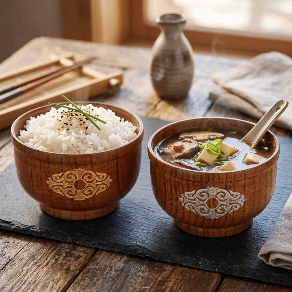 Solid Wood Rice Bowl Burr‑free Polished Inner Wall Dining Bowl One‑piece Carved Integrated Moderate Bowl Depth Food Bowl