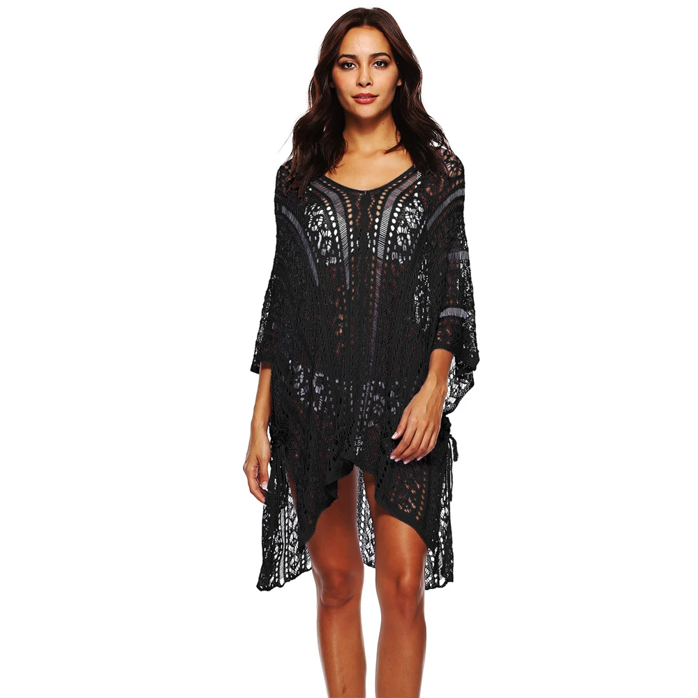 Women Beach Cover Up Crochet Sexy Deep V-Neck Side Slit Short Sleeve Hollow Out Dress Knitted Fashion Cover-Ups Knitting Smock