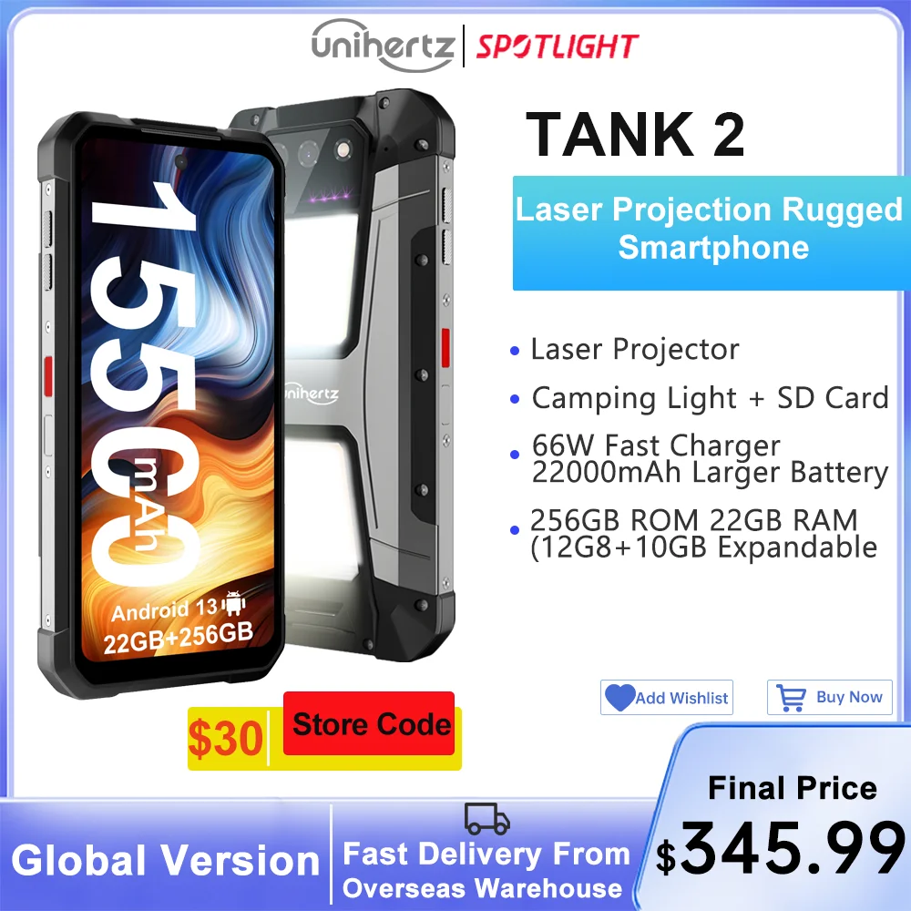 US MX AU EU Stock Unihertz 8849 Tank 2 Projector Rugged Smartphone 24GB RAM 512GB ROM 108MP 64MP Super Night Vision G99 15500mAh
