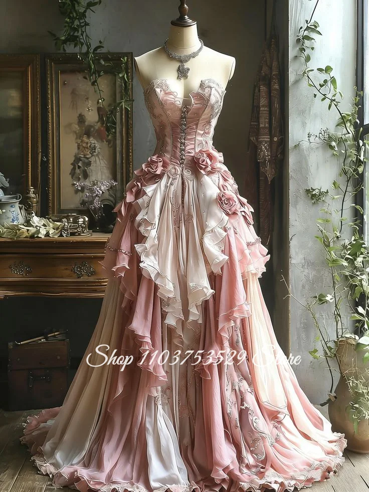 

Индивидуальное розовое винтажное викторианское бальное платье без бретелек с корсетом, вечернее платье с 3D цветочным декором, новинка 2026 года, платье Элизабета