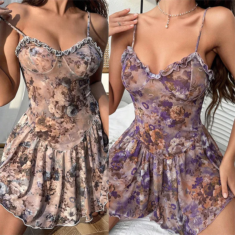 Babydolls Gebloemde Geplooide Hemdje Korte Rok En Nachtjapon Vrouwen Pyjama Sexy Lingerie Voor Vrouwen Push Up Volwassen Sexy Nachten Xxx