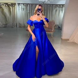 OIMG Royal Blue Evening Dress Short Sleeves Sweetheart Floor Length Side Slit Prom Gowns Arabia Dubai Vestido de festa 2024