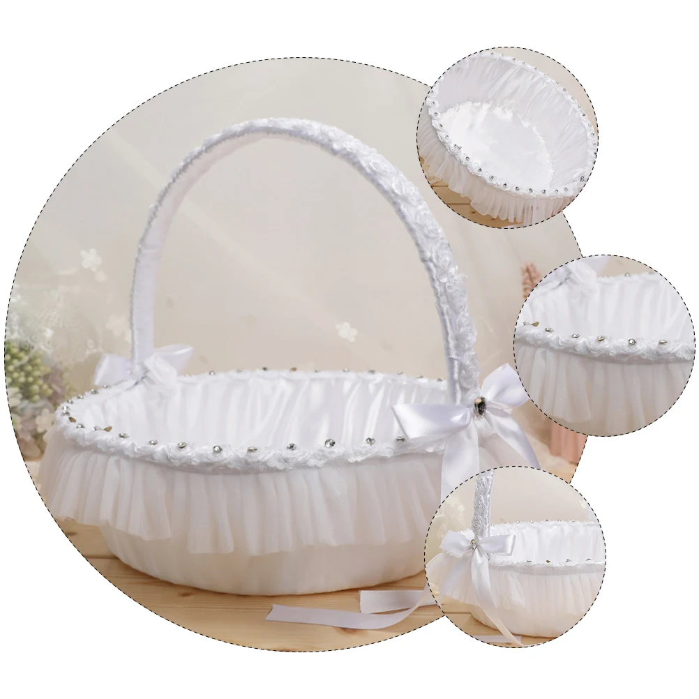 

Lace Flower Basket for Girl Baskets Wedding Decorations Bow Tie Hand Elegant Bridal Rhinestones Small Bride