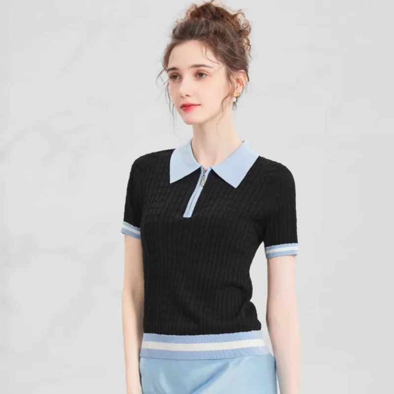 

【Контейнеры из шелкового шелка】Классический универсальный полосатый шелковый топ с короткими рукавами и цветными блоками, женская футболка