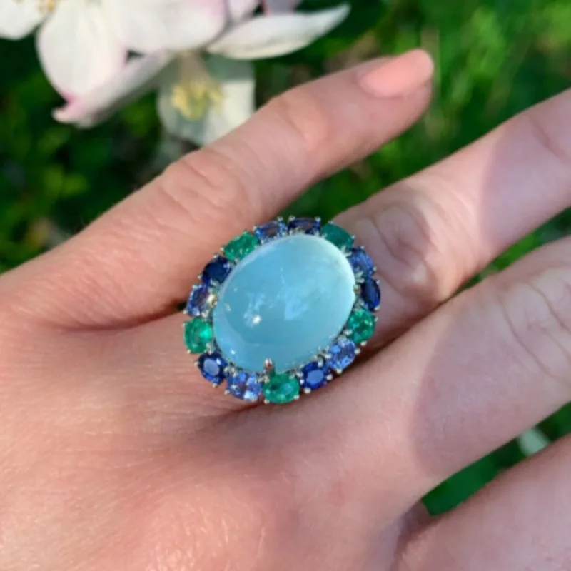 Luxuriöser, mit mehrfarbigen CZ-Steinen besetzter Damenring, ästhetische Silberfarbe, Geometrie, Alltagskleidung, Party-Schmuck, Jubiläumsgeschenk