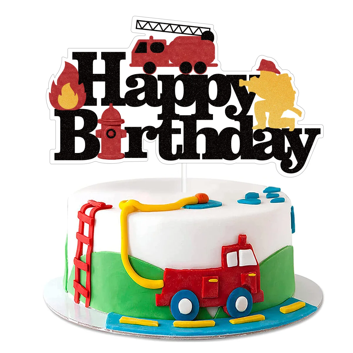 Firefighter Cake Decoration,Happy Birthday Cake Insert,Fire Engineer Truck Fireman Cake Inserts