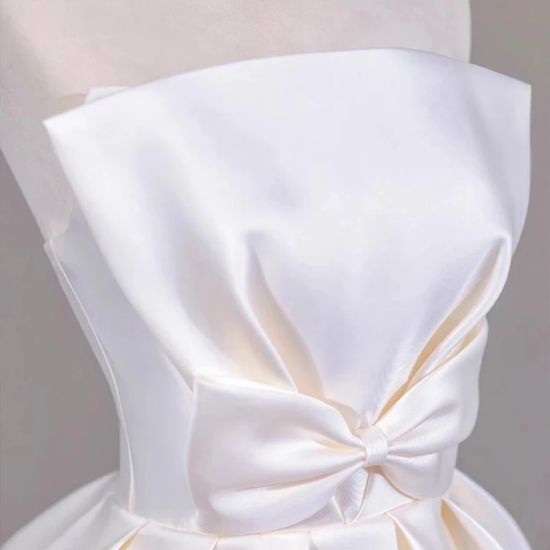 PJN 2025 NEW Bow Strapless Wedding Dress Bride Luxury White Satin Reception Snapshot Party Dresses Women Prom Long Evening Dress