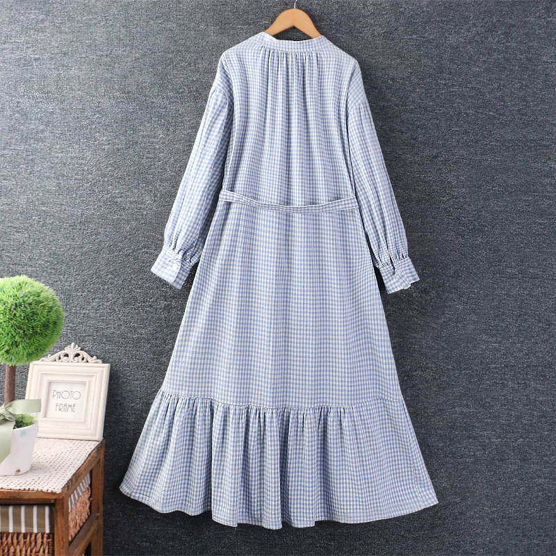 Autumn New Sweet Long Sleeve Plaid Dress Women Casual Single Breasted Dress DD8372