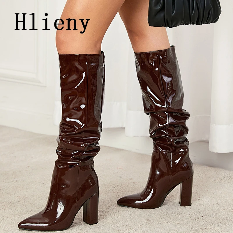 Hlieny New Women Over-the-Knee Boots Punk Square High Heels Female Winter Shoes Pleated Design Pointed Toe Lady Long Booties