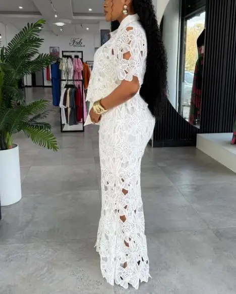 Two Piece Set Women Outfit 2025 Spring New Elegant Hollow Lace Turn-Down Collar Short Sleeve Shirt & Casual Wide Leg Pants Set