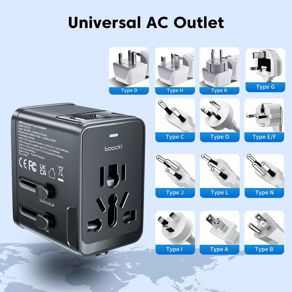 Toocki 20W Universal Travel Adapter Worldwide With 1AC Outlet 2 Type-C 1 USB Ports Wall Fast Charger for EU UK US AUS Travel