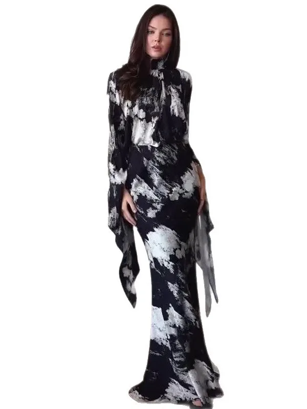 Ele Abito lungo a vita alta con stampa in raso Sve asimmetrico Dr for Important Ocns Abito lungo fino al pavimento con cintura snellente