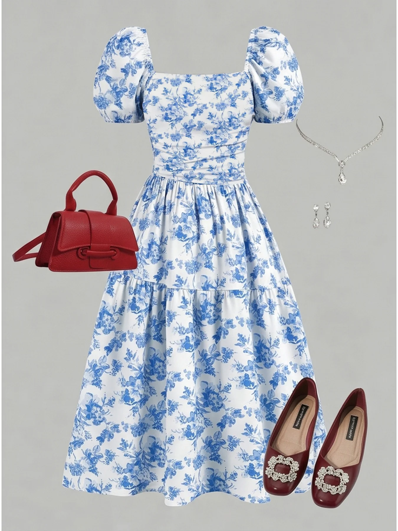Kleid mit Blättermuster und quadratischem Kragen für Kinder und Frauen, locker geschnitten, kurze Ärmel, tailliert, langer Rock. – Detail 3