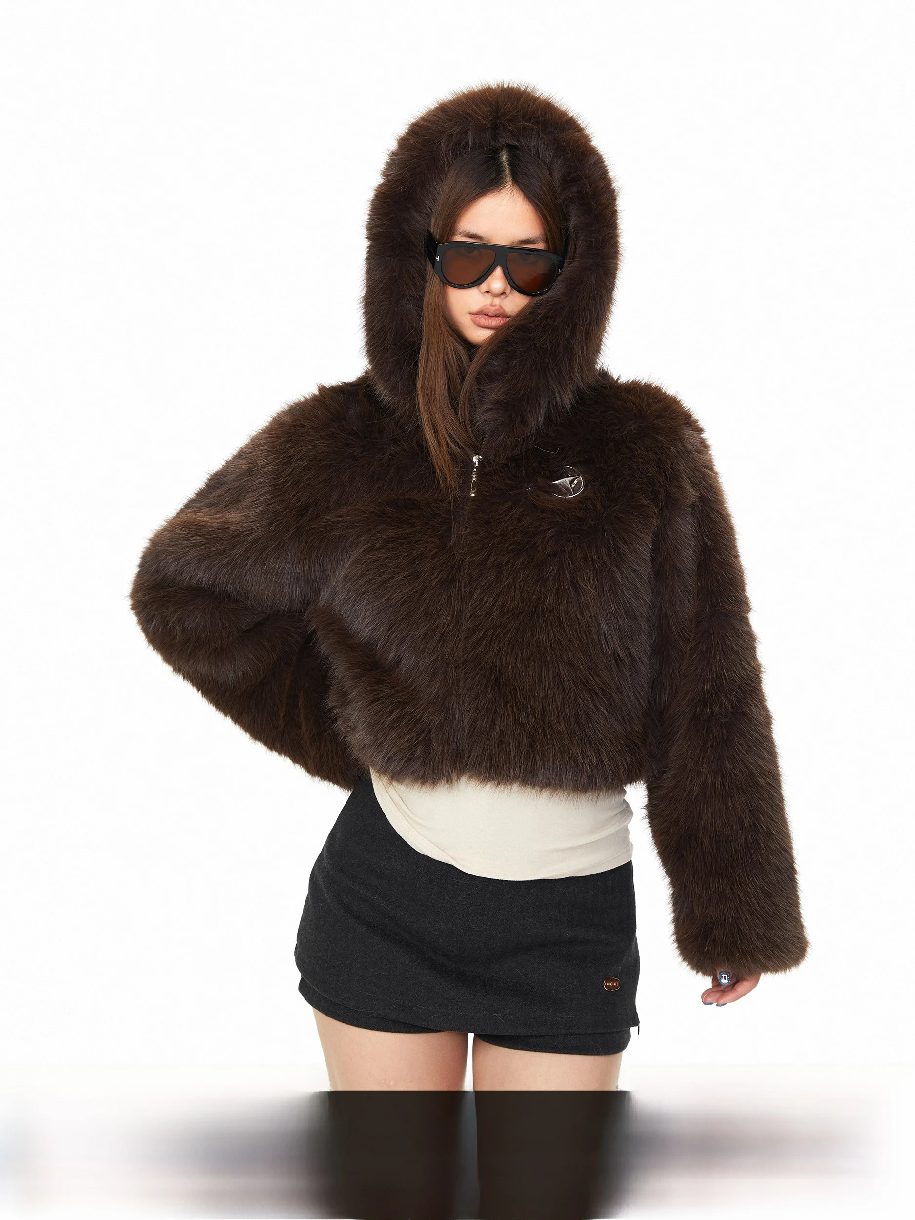 

Blabb Faux Fur Lamb Fur Metal Tag Hooded Cotton Jaet Women Winter American Hot Girl Loose Slim ort Coat Polyester Fiber