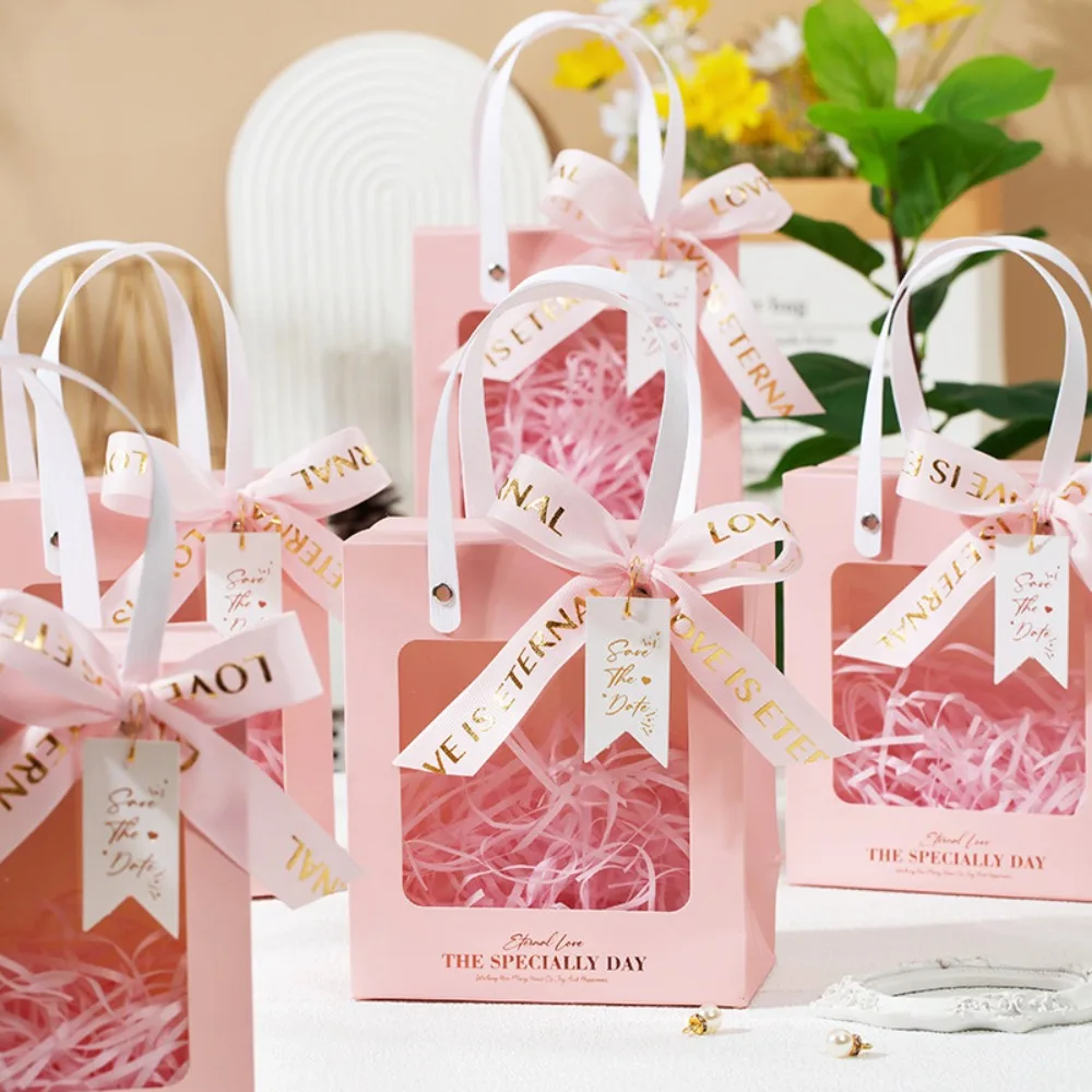 5 Bolsas de Regalo de Papel para Ventana con Cinta y Asa de Papel de Rafia para Bodas, Fiestas de Despedida de Soltera, Cumpleaños y Navidad