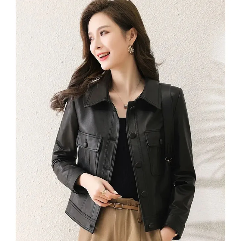 

Корейская женская куртка из искусственной кожи большого размера 4XL 2025 Femme, высококачественное пальто из искусственной кожи, весенне-осенний женский кожаный топ с длинными рукавами