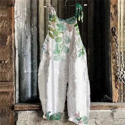 2024 summer new cotton and linen overalls, retro printed overalls, outdoor home casual jumpsuit, beach pants