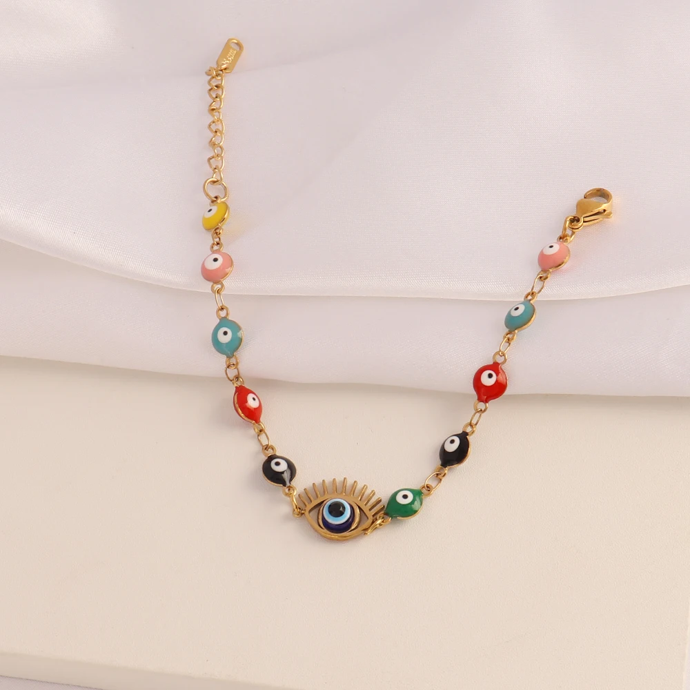 BOHEMIA Stainless Steel Bracelet Women Enamel Turkish Evil Eye Charm 14K Gold Plated Anklet Chain Jewelry Gifts