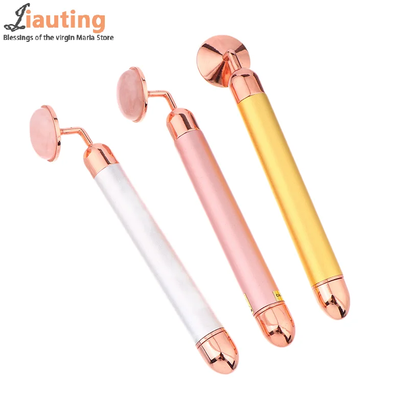 Natural Stone Rose Gold Electric Roller Original Amethyst Quartz Jade Big Frequency Eye Massage Face Care Neck Detox Beauty Tool