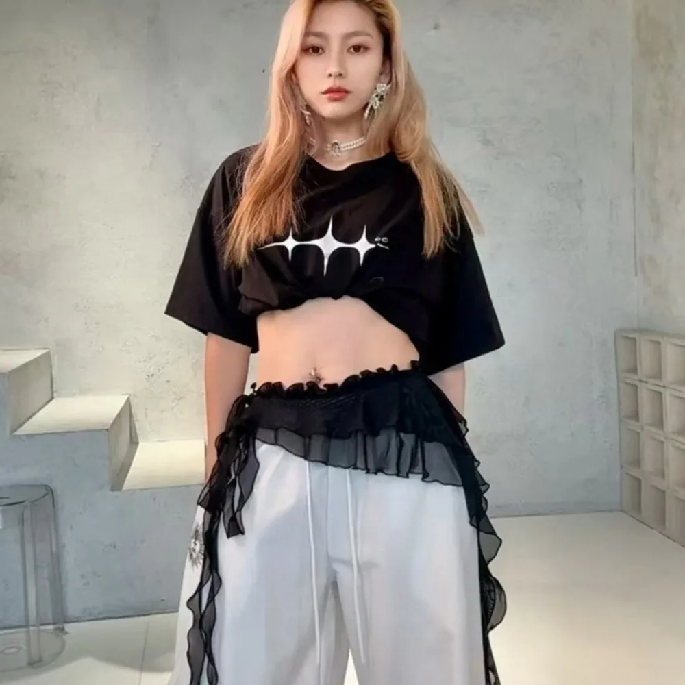 

Jeans Pants Decor Irregular Lace Mini Skirt Y2K Streetwear See Through Ruched Skirts Lace-up Design Harajuku Pleated Skirts