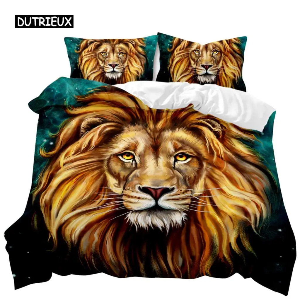 Lion Duvet Cover Set Safari Animal Bedding Set Cute Wildlife Hunting Polyester Quilt Cover for Kids Teens Double Queen King Size