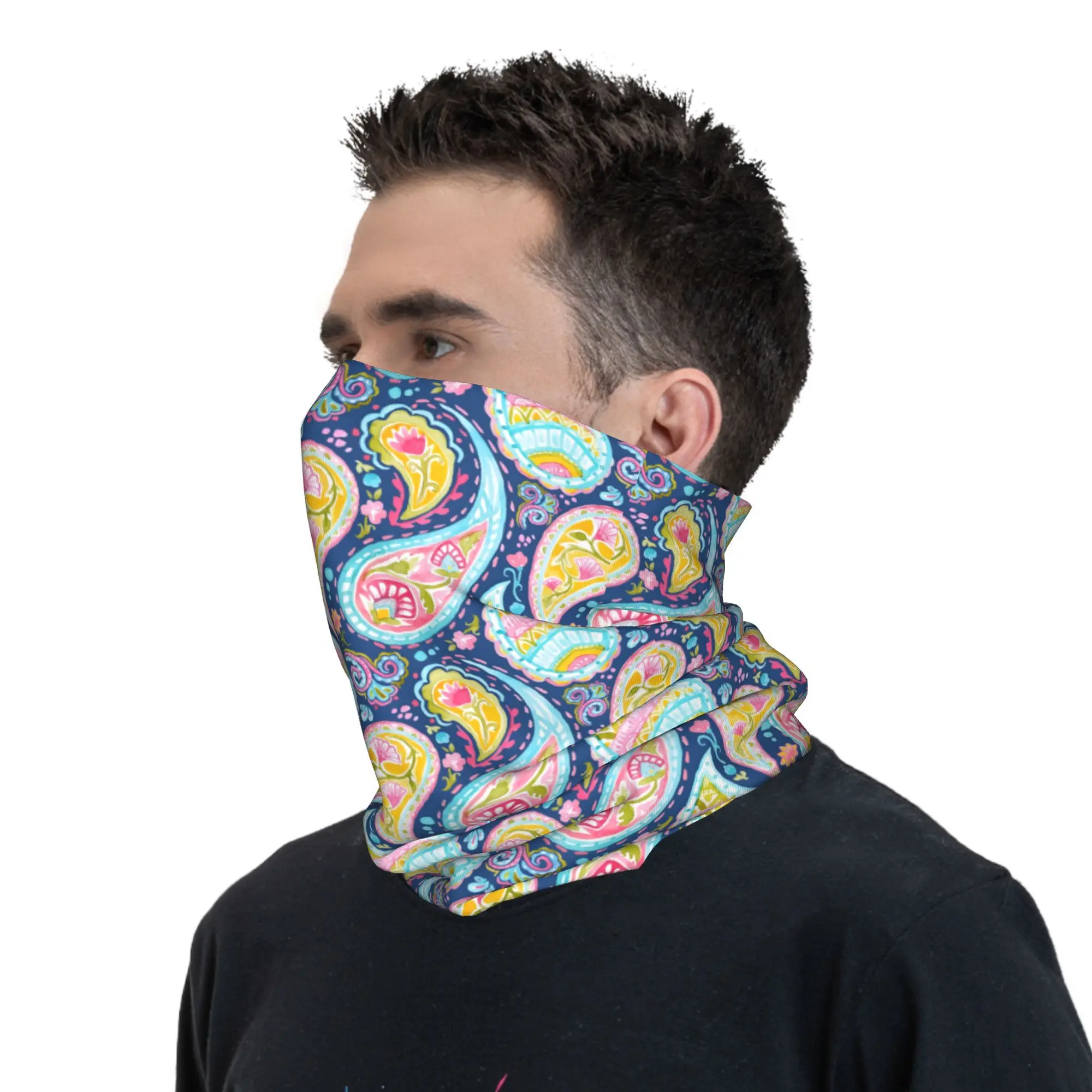 Custom Colorful Retro Paisley Pattern Bandana Winter Neck Warmer Men Windproof Wrap Face Scarf for Hiking  Gaiter Headband