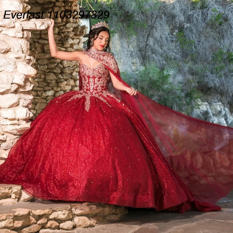 EVLAST Personalizzato Rosso Abito Quinceanera Abito di Sfera Argento Applique di Pizzo Perline Mantello Messico Dolce 16 Abiti Da 15 Años TQD876