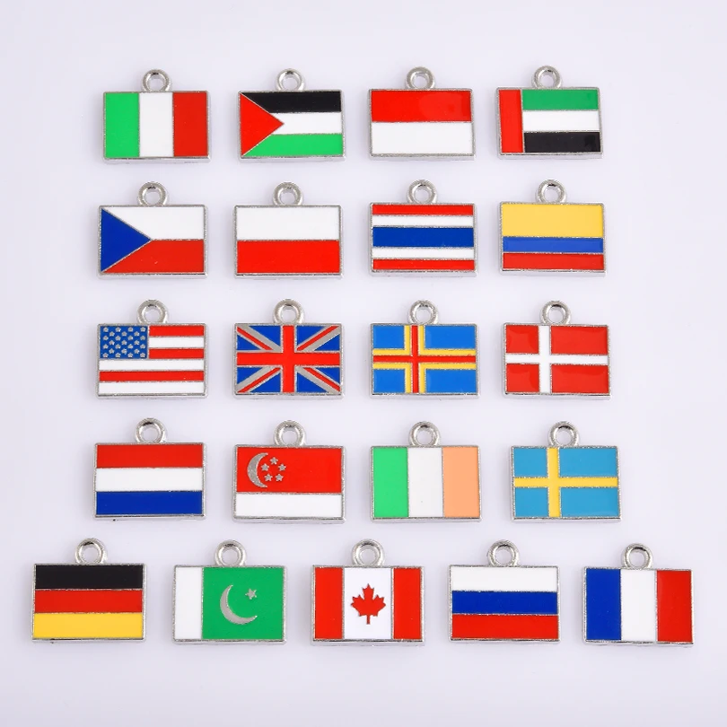 5pcs/Lot Different Countries Flags Enamel Charms For Jewelry Making Supplies Rectangle Silver Color Pendants Handmade Materials