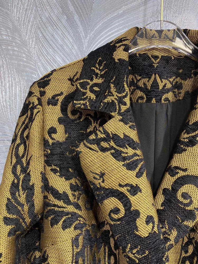 DLDENGHAN Double Breasted Coat Turn-down Collar Long Sleeves Lace-up Vintage Print Outerwear Fashion Runway New