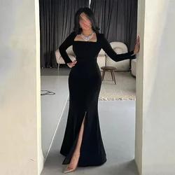 Msikoods Saudi Arabic Mermaid Prom Dress Women's Simple Black Square Collar Party Evening Gown Side Slit Formal Occasion Dress