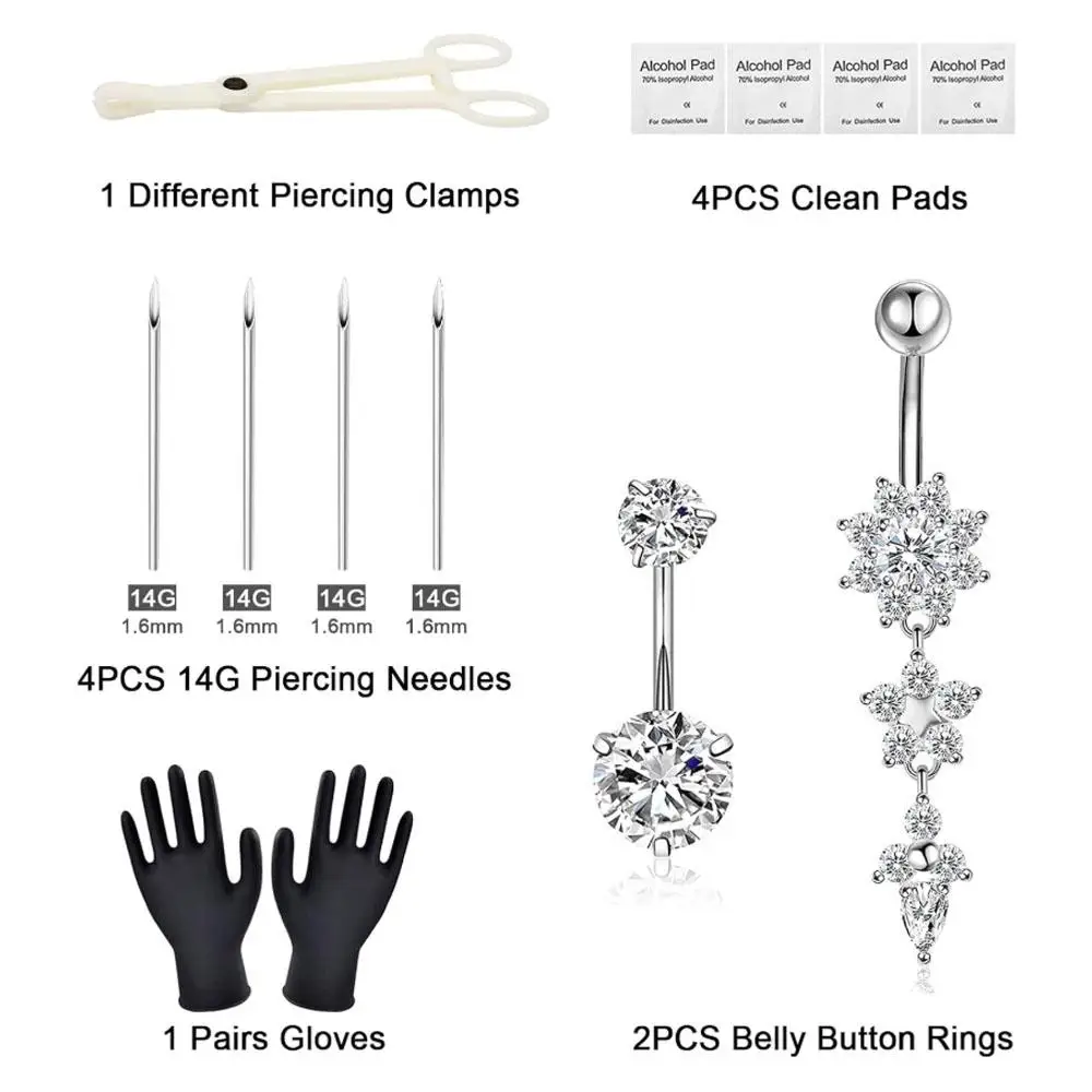 1/13Pcs Set Belly Button Piercing Kit Includes Piercing Clamp Piercing Tools Clean Tools Gloves for Piercing Supplies Jewelry