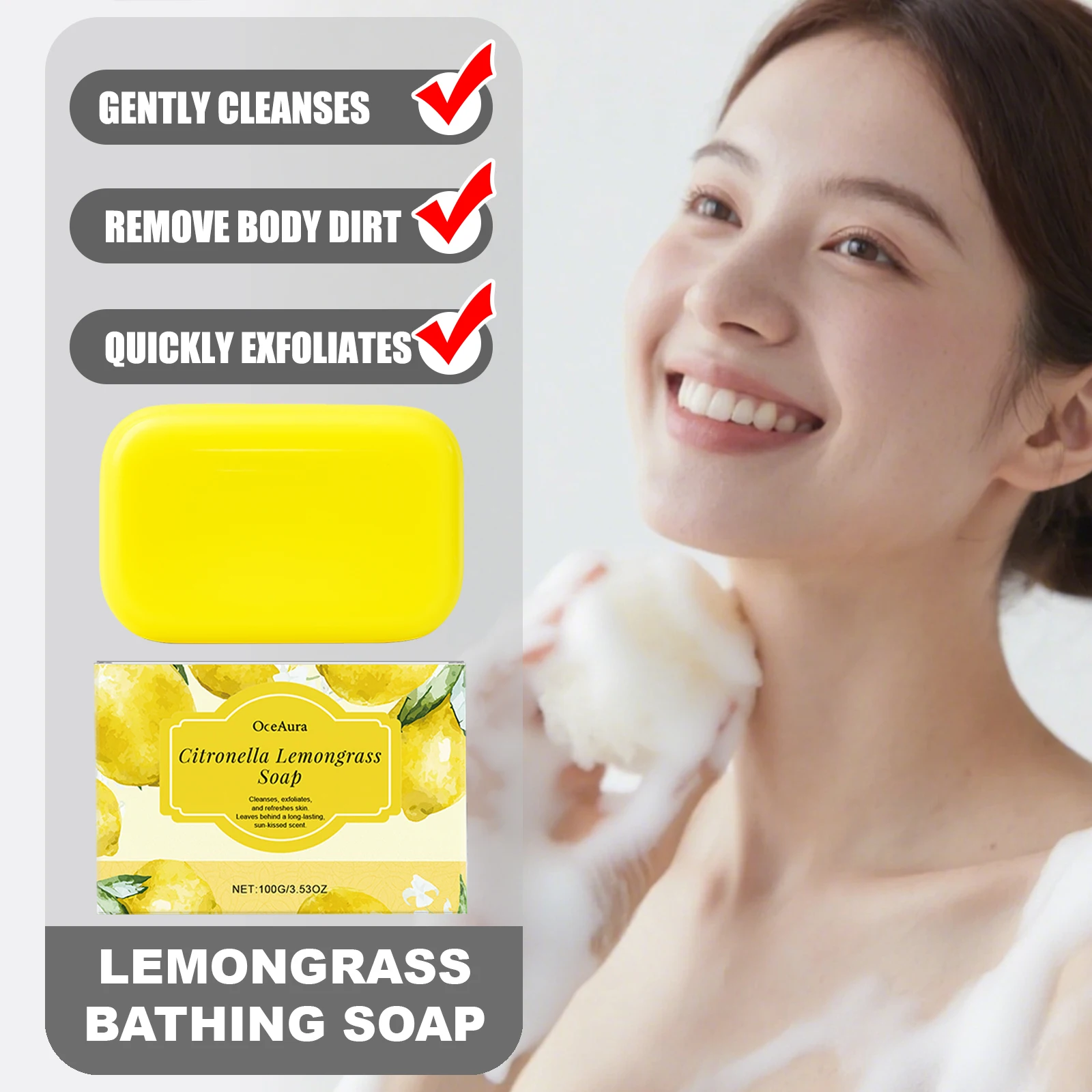 

OCEAURA Lemongrass Washing Soap Refreshing Skin Quickly Exfoliates Gently Hydrates Avoids Dryness Maintain Smooth
