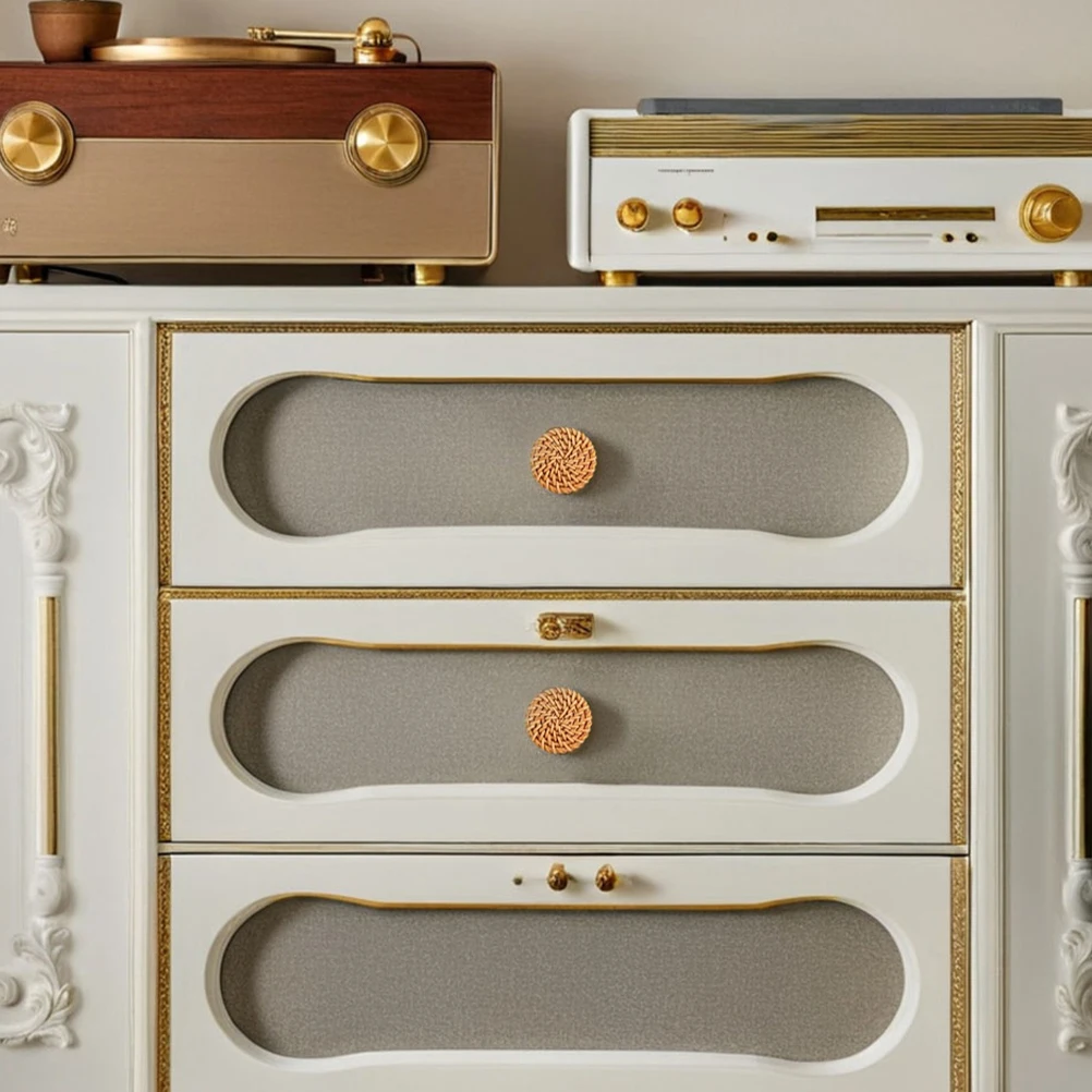 

6 Pcs Woven Round Cake Wooden Handle Dresser Door Knobs to Weave Decorative Drawer Pulls Boho for Light Brown Vintage