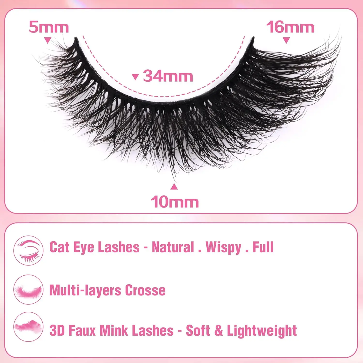 Falsche Wimpern, natürlicher Look, künstliche Nerzwimpern, flauschige künstliche Wimpern, 16 mm, Katzenaugenwimpern, dünne falsche Wimpern, 7 Paar