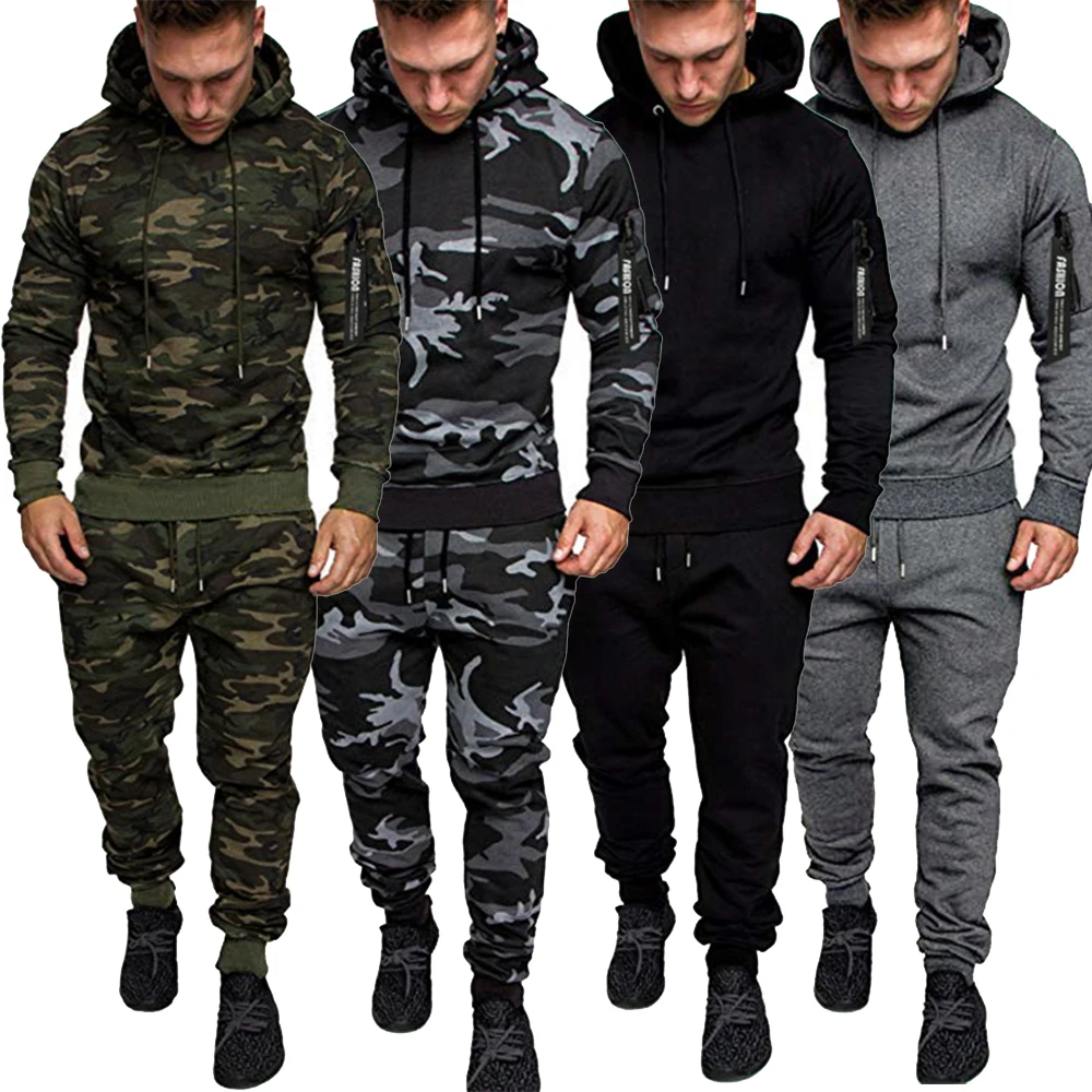 Men\'s Camouflage Tracksuit Sport Hoodies Pants Two Piece Set Outdoor Sports Suit Casual Jogging Suit Sweatshirts