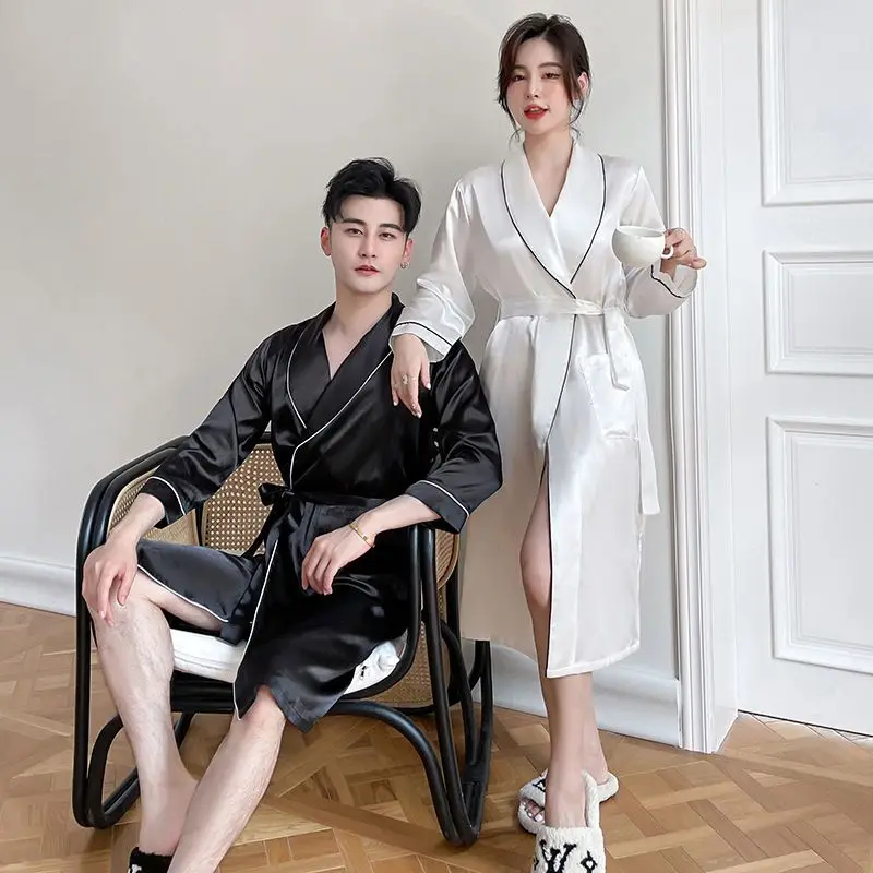 Spring Winter Ice Silk Sexy Bathrobe Long Robe Mr Hotel Style Large Size Loose Home Wear Sexy Sleepwear Couples Nightgown Women