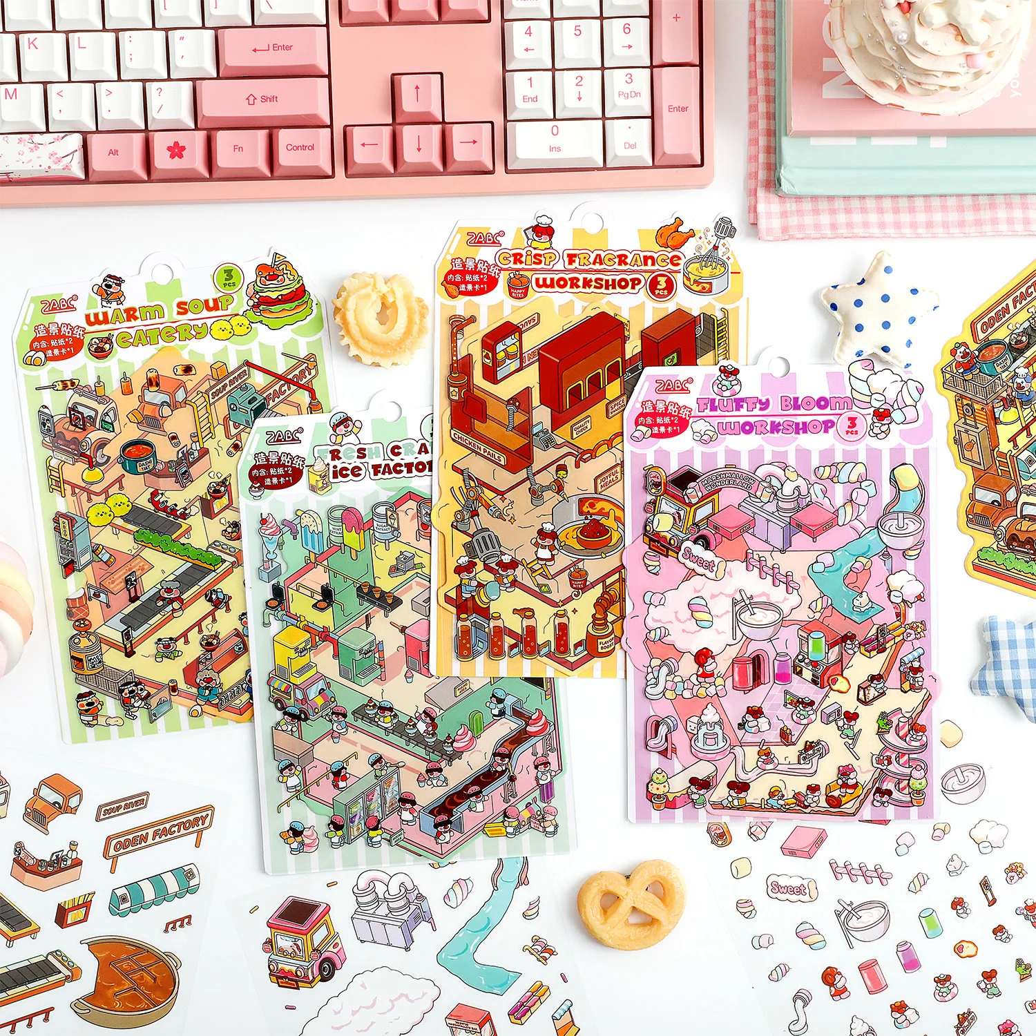 Sweet Fluff Workshop Miniature Diorama Scene Stickers Set, Candy Dessert Factory PET Stickers with Scene Card, DIY Collage Handm